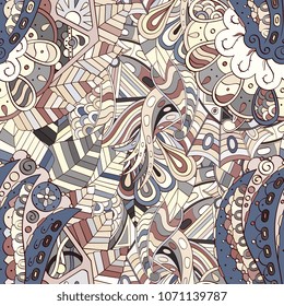 Tracery seamless pattern. Mehndi design. Ethnic colorful doodle texture. Curved doodling background. Vector