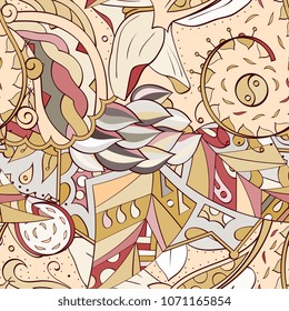 Tracery seamless pattern. Mehndi design. Ethnic colorful doodle texture. Curved doodling background. Vector