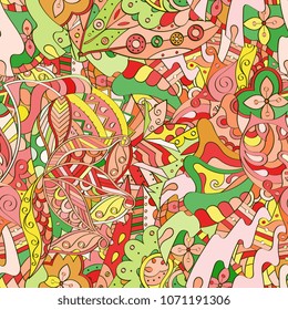 Tracery seamless pattern. Mehndi design. Ethnic colorful doodle texture. Curved doodling background. Vector