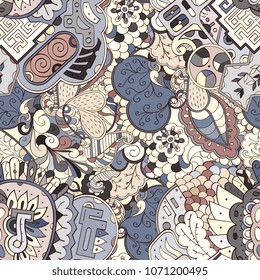 Tracery seamless pattern. Mehndi design. Ethnic colorful doodle texture. Curved doodling background. Vector