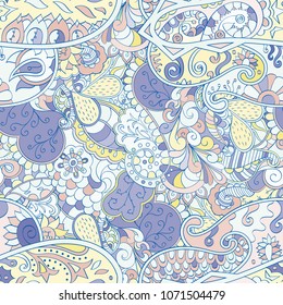 Tracery seamless pattern. Mehndi design. Ethnic colorful doodle texture. Curved doodling background. Vector