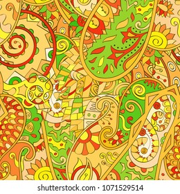 Tracery seamless pattern. Mehndi design. Ethnic colorful doodle texture. Curved doodling background. Vector