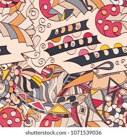 Tracery seamless pattern. Mehndi design. Ethnic colorful doodle texture. Curved doodling background. Vector