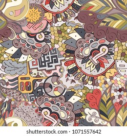 Tracery seamless pattern. Mehndi design. Ethnic colorful doodle texture. Curved doodling background. Vector