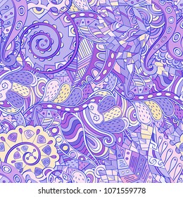 Tracery seamless pattern. Mehndi design. Ethnic colorful doodle texture. Curved doodling background. Vector