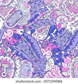 Tracery seamless pattern. Mehndi design. Ethnic colorful doodle texture. Curved doodling background. Vector