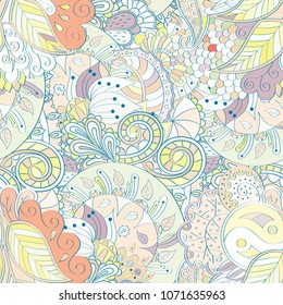 Tracery seamless pattern. Mehndi design. Ethnic colorful doodle texture. Curved doodling background. Vector