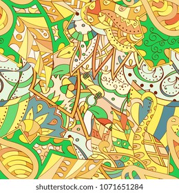 Tracery seamless pattern. Mehndi design. Ethnic colorful doodle texture. Curved doodling background. Vector