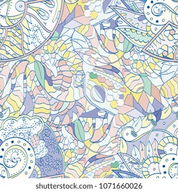 Tracery seamless pattern. Mehndi design. Ethnic colorful doodle texture. Curved doodling background. Vector