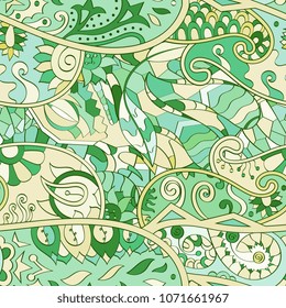 Tracery seamless pattern. Mehndi design. Ethnic colorful doodle texture. Curved doodling background. Vector
