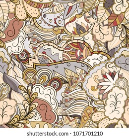 Tracery seamless pattern. Mehndi design. Ethnic colorful doodle texture. Curved doodling background. Vector