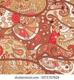 Tracery seamless pattern. Mehndi design. Ethnic colorful doodle texture. Curved doodling background. Vector