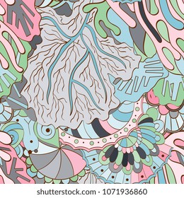 Tracery seamless pattern. Mehndi design. Ethnic colorful doodle texture. Curved doodling background. Vector