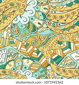 Tracery seamless pattern. Mehndi design. Ethnic colorful doodle texture. Curved doodling background. Vector
