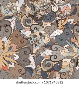 Tracery seamless pattern. Mehndi design. Ethnic colorful doodle texture. Curved doodling background. Vector