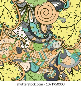 Tracery seamless pattern. Mehndi design. Ethnic colorful doodle texture. Curved doodling background. Vector