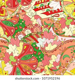 Tracery seamless pattern. Mehndi design. Ethnic colorful doodle texture. Curved doodling background. Vector
