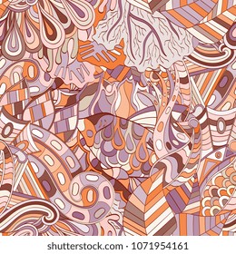 Tracery seamless pattern. Mehndi design. Ethnic colorful doodle texture. Curved doodling background. Vector