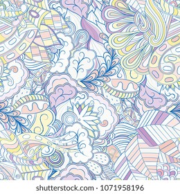 Tracery seamless pattern. Mehndi design. Ethnic colorful doodle texture. Curved doodling background. Vector