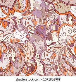 Tracery seamless pattern. Mehndi design. Ethnic colorful doodle texture. Curved doodling background. Vector