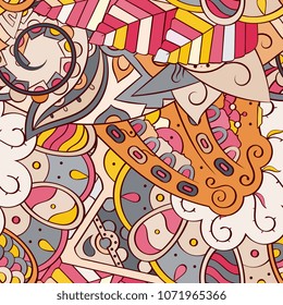 Tracery seamless pattern. Mehndi design. Ethnic colorful doodle texture. Curved doodling background. Vector