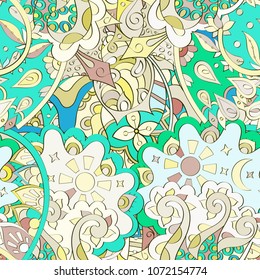 Tracery seamless pattern. Mehndi design. Ethnic colorful doodle texture. Curved doodling background. Vector