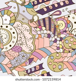 Tracery seamless pattern. Mehndi design. Ethnic colorful doodle texture. Curved doodling background. Vector