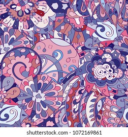 Tracery seamless pattern. Mehndi design. Ethnic colorful doodle texture. Curved doodling background. Vector