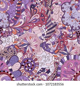 Tracery seamless pattern. Mehndi design. Ethnic colorful doodle texture. Curved doodling background. Vector