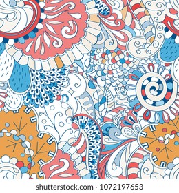 Tracery seamless pattern. Mehndi design. Ethnic colorful doodle texture. Curved doodling background. Vector