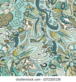 Tracery seamless pattern. Mehndi design. Ethnic colorful doodle texture. Curved doodling background. Vector