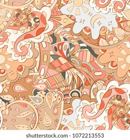 Tracery seamless pattern. Mehndi design. Ethnic colorful doodle texture. Curved doodling background. Vector