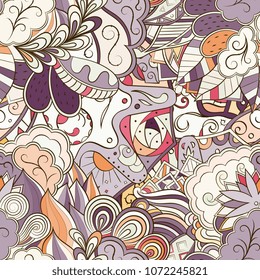 Tracery seamless pattern. Mehndi design. Ethnic colorful doodle texture. Curved doodling background. Vector