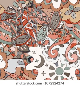 Tracery seamless pattern. Mehndi design. Ethnic colorful doodle texture. Curved doodling background. Vector