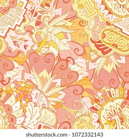 Tracery seamless pattern. Mehndi design. Ethnic colorful doodle texture. Curved doodling background. Vector