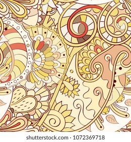 Tracery seamless pattern. Mehndi design. Ethnic colorful doodle texture. Curved doodling background. Vector