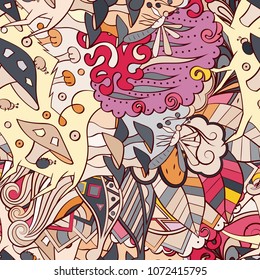 Tracery seamless pattern. Mehndi design. Ethnic colorful doodle texture. Curved doodling background. Vector