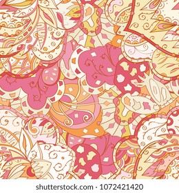 Tracery seamless pattern. Mehndi design. Ethnic colorful doodle texture. Curved doodling background. Vector