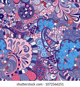 Tracery seamless pattern. Mehndi design. Ethnic colorful doodle texture. Curved doodling background. Vector
