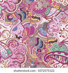 Tracery seamless pattern. Mehndi design. Ethnic colorful doodle texture. Curved doodling background. Vector