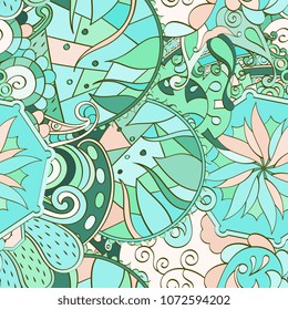 Tracery seamless pattern. Mehndi design. Ethnic colorful doodle texture. Curved doodling background. Vector