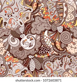 Tracery seamless pattern. Mehndi design. Ethnic colorful doodle texture. Curved doodling background. Vector