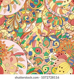 Tracery seamless pattern. Mehndi design. Ethnic colorful doodle texture. Curved doodling background. Vector