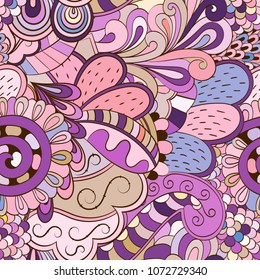 Tracery seamless pattern. Mehndi design. Ethnic colorful doodle texture. Curved doodling background. Vector
