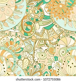 Tracery seamless pattern. Mehndi design. Ethnic colorful doodle texture. Curved doodling background. Vector