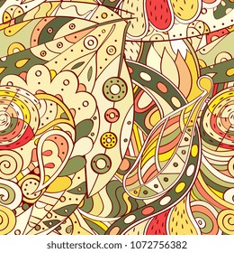 Tracery seamless pattern. Mehndi design. Ethnic colorful doodle texture. Curved doodling background. Vector