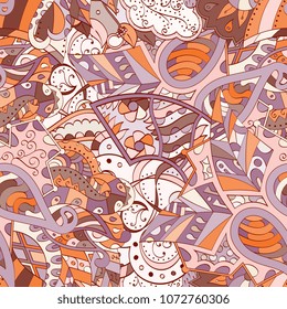 Tracery seamless pattern. Mehndi design. Ethnic colorful doodle texture. Curved doodling background. Vector