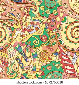 Tracery seamless pattern. Mehndi design. Ethnic colorful doodle texture. Curved doodling background. Vector