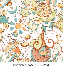 Tracery seamless pattern. Mehndi design. Ethnic colorful doodle texture. Curved doodling background. Vector