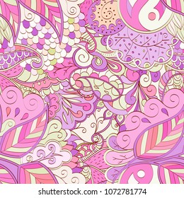 Tracery seamless pattern. Mehndi design. Ethnic colorful doodle texture. Curved doodling background. Vector